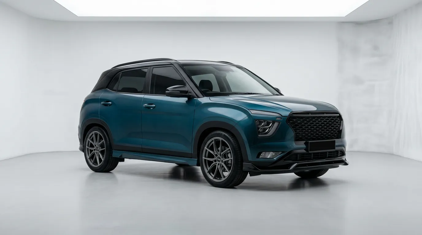 A teal and black Hyundai Creta build with gunmetal wheels and a body kit in a white studio