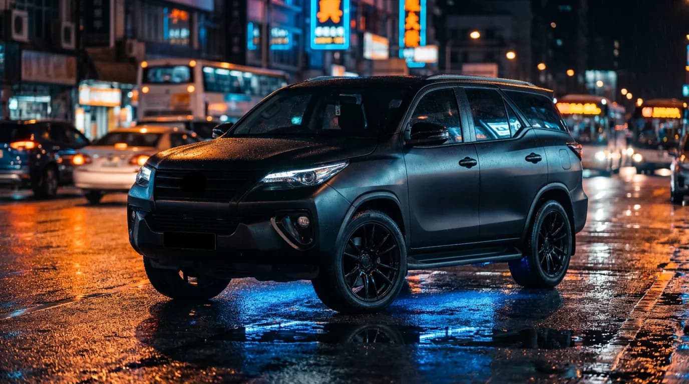 A satin black Toyota Fortuner build with black forged wheels and blue underglow on a wet city street at night