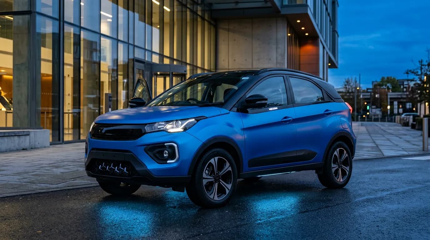 A satin electric-blue Tata Nexon build with a black roof and aero wheels outside a glass building at blue hour