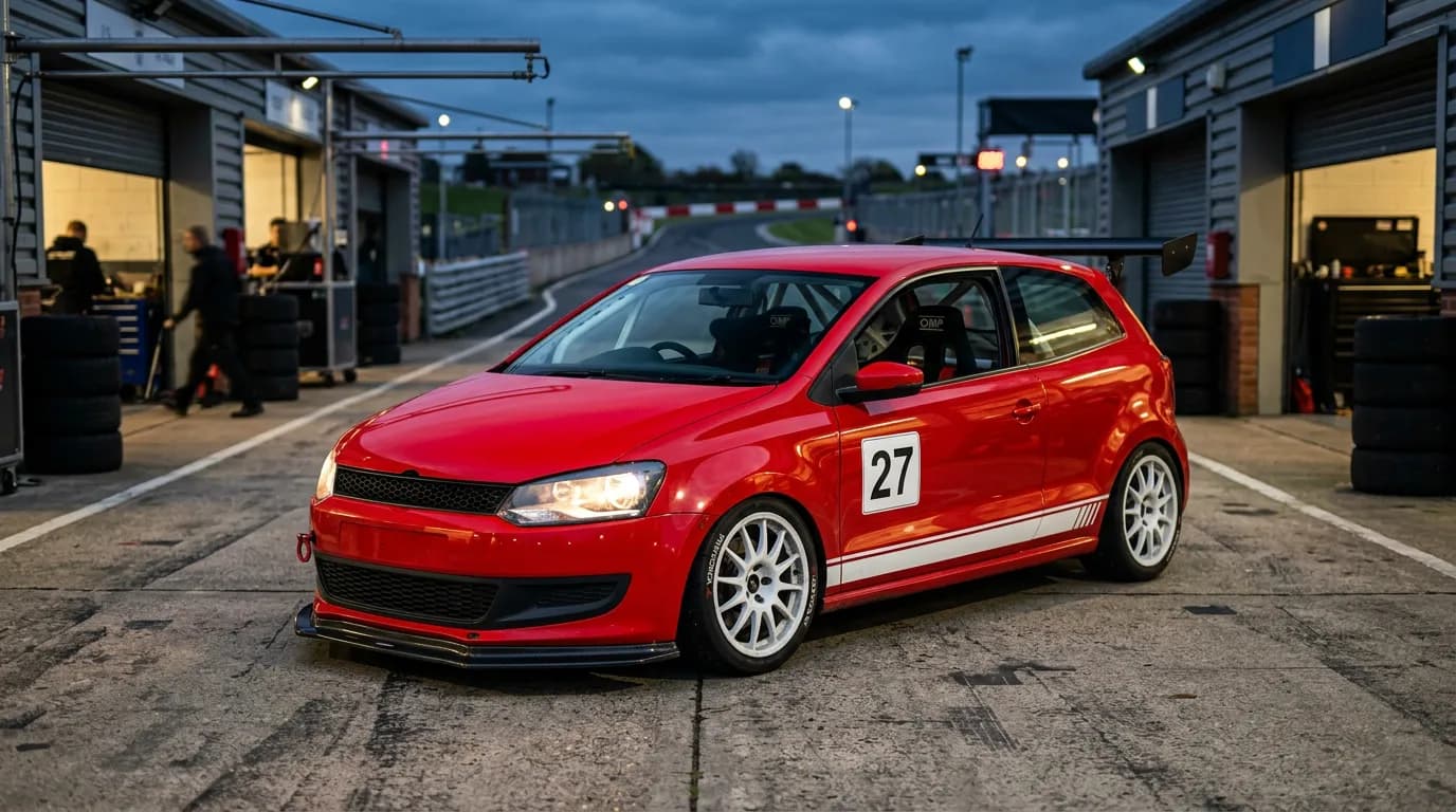 A red Volkswagen Polo GT track build with a white stripe, white wheels, splitter and wing in a race-track pit lane