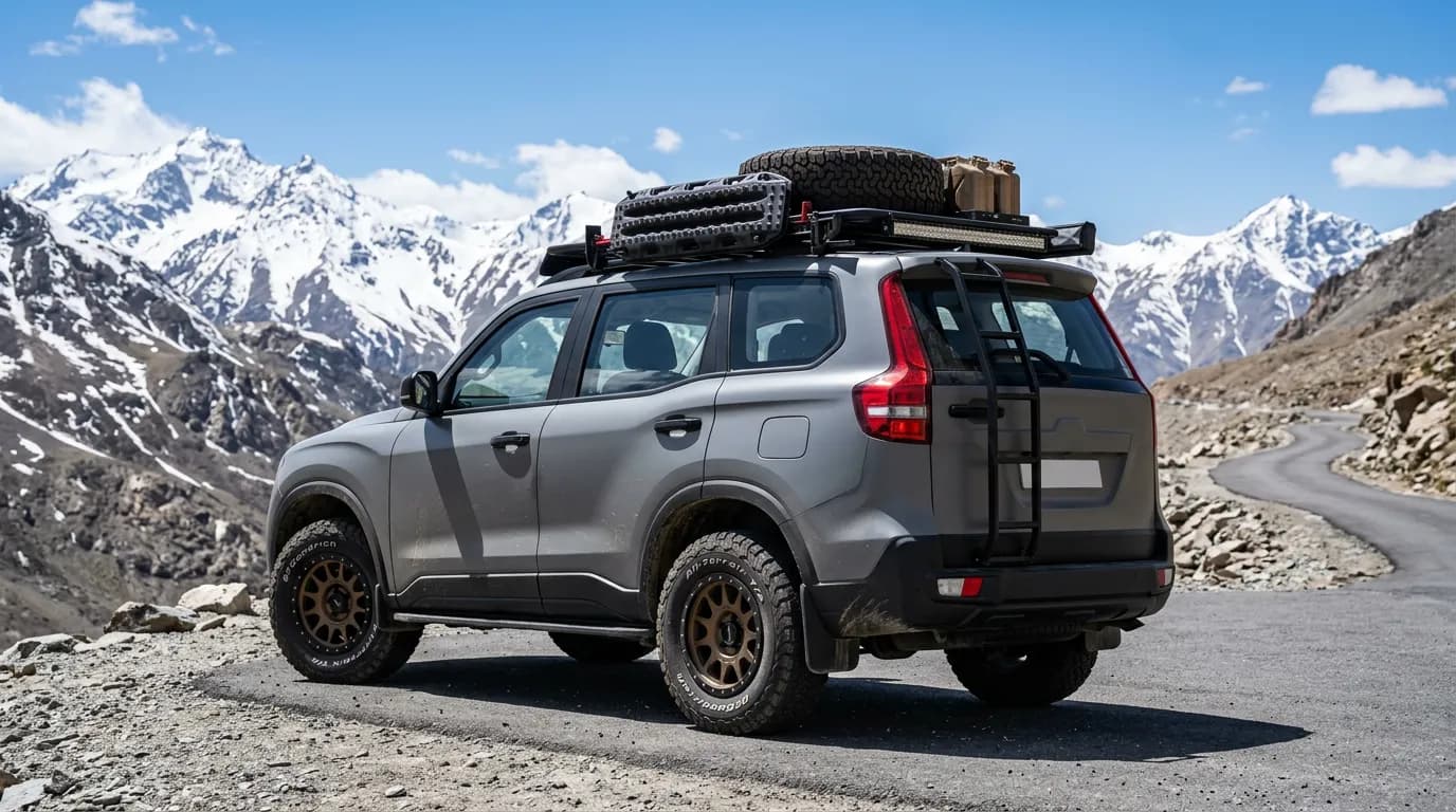 A Nardo Grey Mahindra Scorpio-N build with a roof rack, ladder and bronze all-terrain wheels on a Ladakh mountain pass