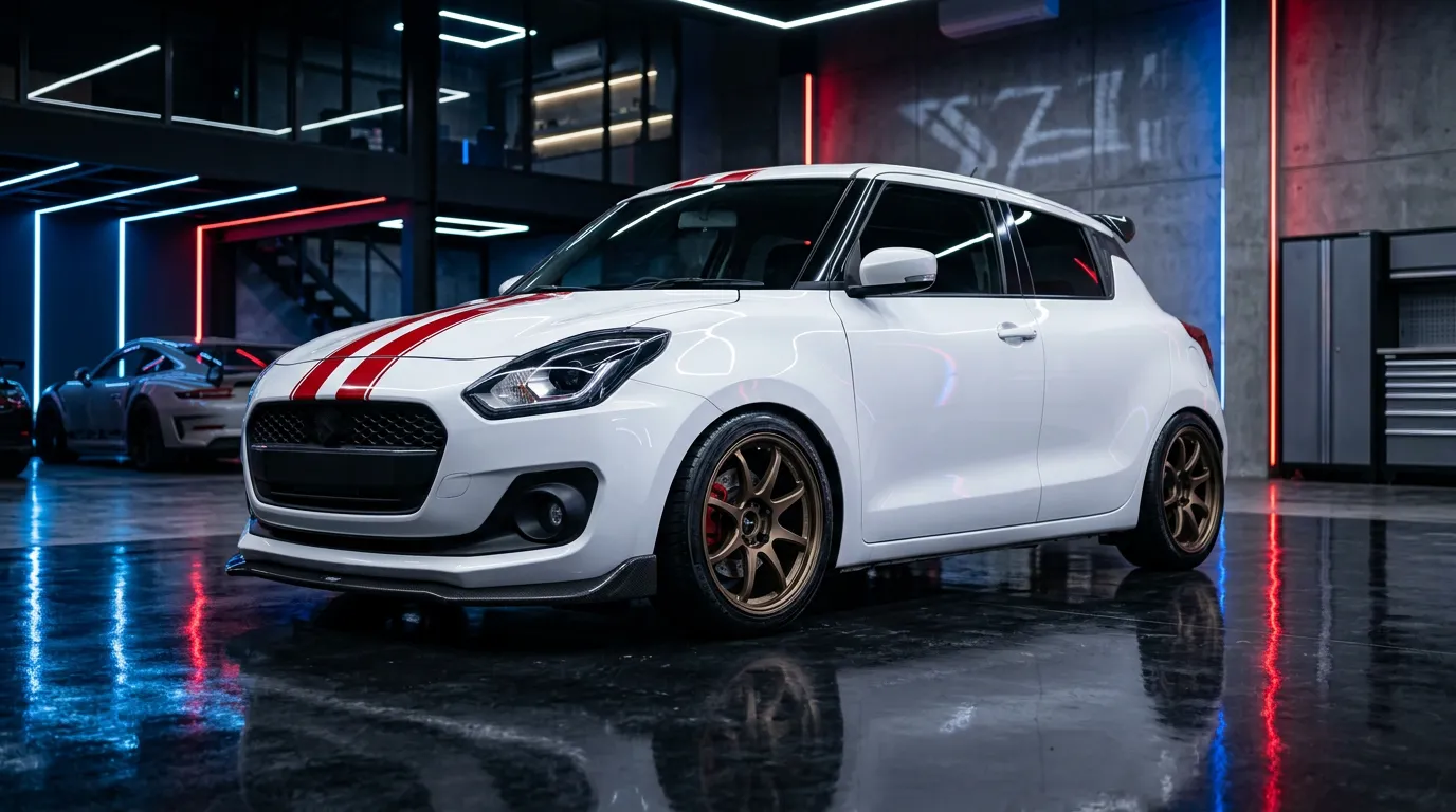 A white Maruti Suzuki Swift build with twin red stripes, bronze wheels and a front lip in a neon-lit garage