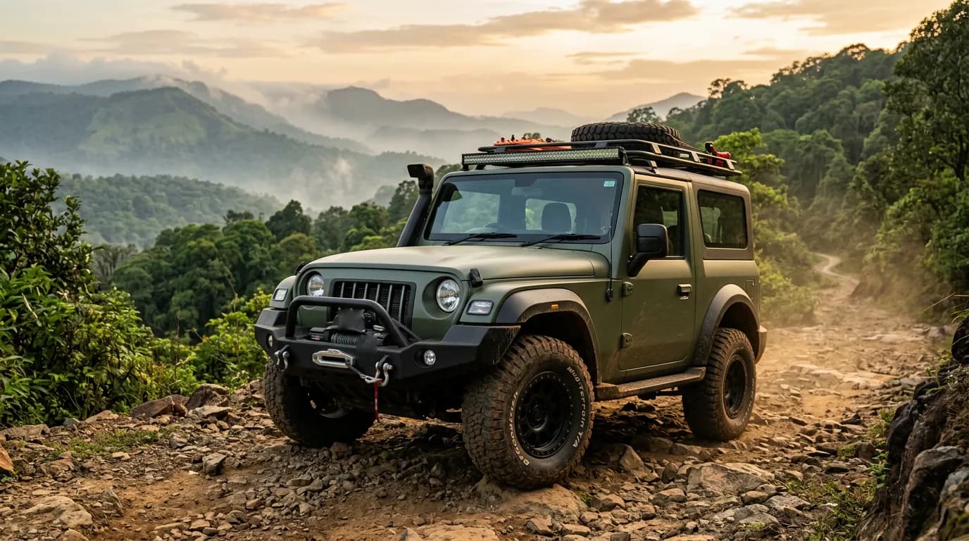 A lifted Mahindra Thar build in matte olive with mud-terrain tyres, a winch bumper and a roof light bar on a rocky trail at sunset