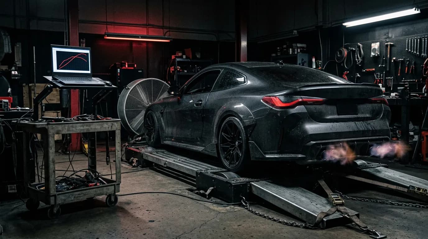 A performance car on the chassis dynamometer in the tuning cell, with a laptop showing a power curve