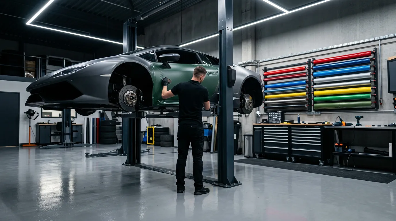 A technician applying satin wrap film to a car on a lift in the APEX Customs wrap bay, with rolls of coloured film on the wall